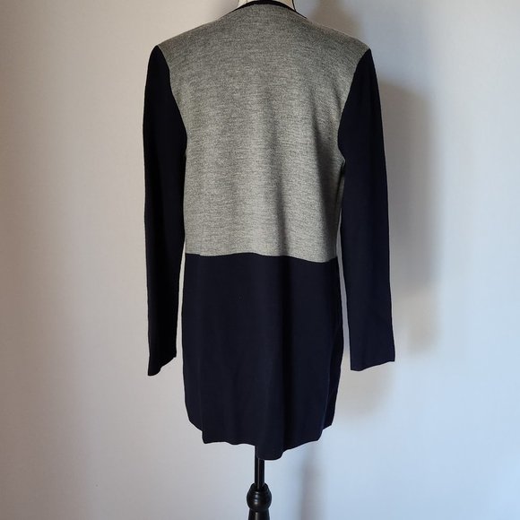 EUC Talbots Merino Wool Blend Open Long-Cardigan Sweater Color Block Grey Blue - Picture 8 of 10